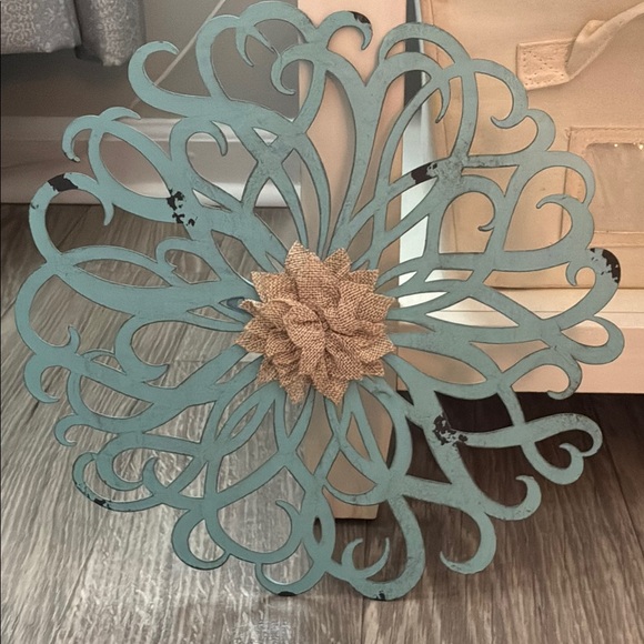 Decorative Turquoise Metal Wall Art with Burlap Center - Picture 1 of 8
